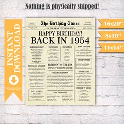 68th birthday decoration, 1954 poster, 68th birthday newspaper sign, 1954 birthday poster, 68 years ago back in 1954