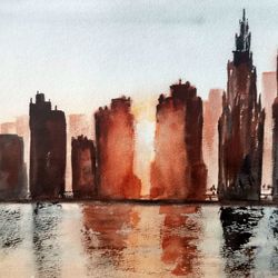 Sunrise Cityscape City Painting Watercolor Original Artwork  New York Painting  by Nadia Hope