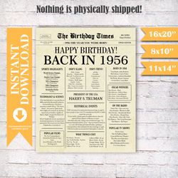 66th birthday decoration, 1956 poster, 66th birthday newspaper sign, 1956 birthday poster, 66 years ago back in 1956