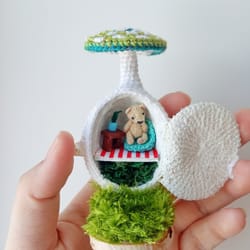 mushroom house with crochet miniature bear