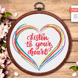 Listen To Your Heart Cross Stitch Pattern, Love Cross Stitch Pattern, Embroidery Heart, Love xStitch, Home Pattern