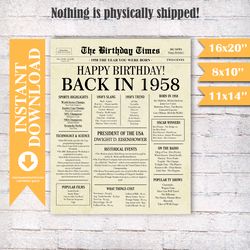 64th birthday decoration, 1958 poster, 64th birthday newspaper sign, 1958 birthday poster, 64 years ago back in 1958