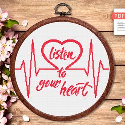 Listen To Your Heart Cross Stitch Pattern, Love Cross Stitch Pattern, Embroidery Heart, Love xStitch, Home Pattern