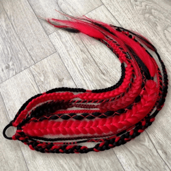 Red Black Braids on Hair band, hair wraps, dreads wrap, Hippie Hair Wraps, Braid Extensions, braid with elastic band