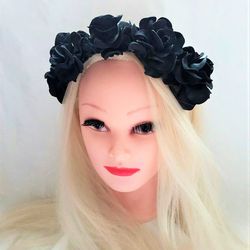 Black floral headpiece,  Black rose headband, Black flower crown, Black rose halo crown, Gothic wedding flower headpiece