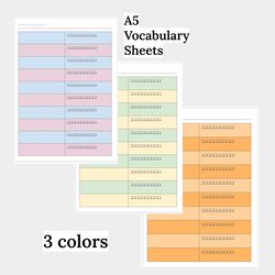 Printable vocabulary sheets A5