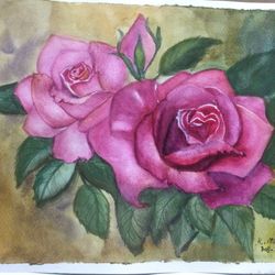 Original watercolor paint  pink roses for decoration by Handkub Art