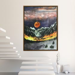Original watercolor paint night sky moon mountain for decoration by Handkub Art