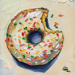 Donut Painting Food Oil Original Art Mini Texture Artwork Dessert Painting Kitchen Art Home Decor