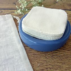 Zero waste makeup remover rounds set. Reusable cotton pads with wash bag. Sustainable natural face wipes.