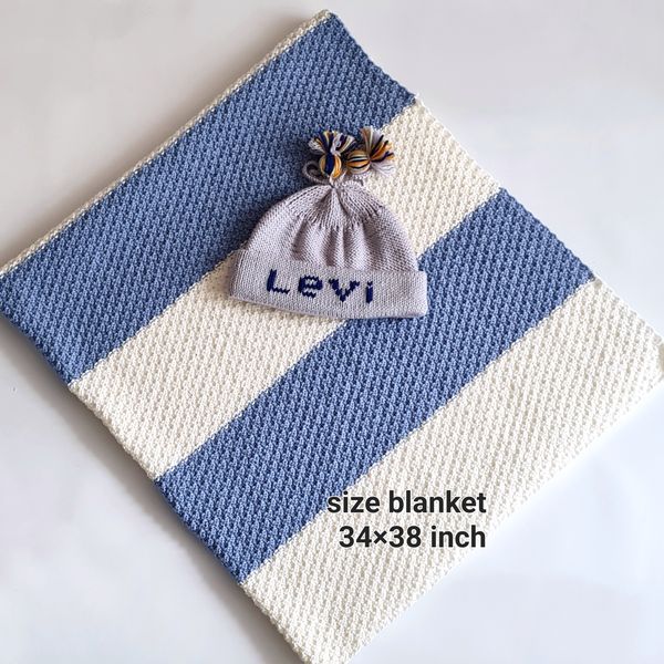 Swaddle-blue-white-baby-boy-blanket-and-personalized-baby-boy-beanie-7