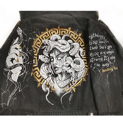 hand painted unisex jacket, jean jacket gorgon, denim jacket, designer art, wearable art, custom clothes, one of a kind