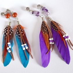 Loc jewelry with feathers, dread beads in purple or blue color