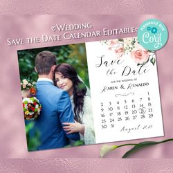 Pink Rose Photo Save the Date Editable Calendar Save the Date Announcement Invitation Printable Editable Corjl