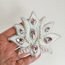 White lotus flower beaded brooch for women, Wedding gift