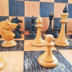 Soviet 1950s vintage wooden chessmen set, Old Russian chess pieces wood