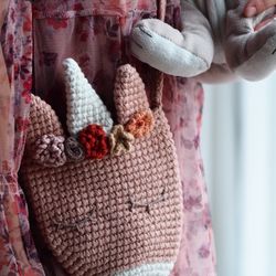 Handmade purse, girl gift, crochet handbag, toddler gift, unicorn bag, unicorn accessory