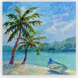 Seascape oil painting Boat original art 12 by 12 inch Tropical beach painting Palm trees artwork
