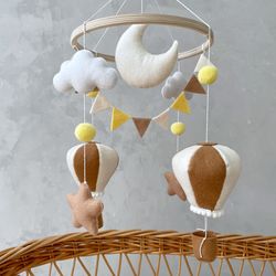 Hot air balloon baby mobile. Adventure crib mobile. Travel nursery decor neutral