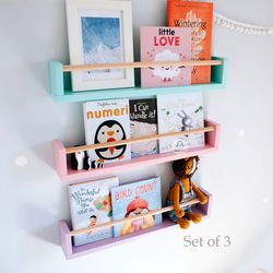 Set of 3 Floating Kids Book Wall Shelf, Nursery Montessori Bookshelf, Book Rack, Bookshelves