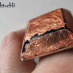 architect minimalistic ring, chunky gold ring from polymer clay, Boho style vintage, ethnic jewelry, copper potal square