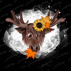 Moose and sunflower and leafs on bleach background PNG Fall deer with wreath clipart png Funny raindeer sunglass clipart