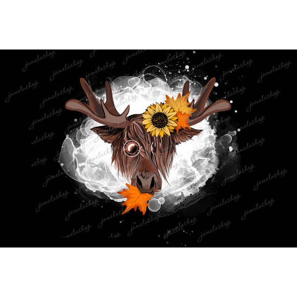 Moose with sunflower and leafs wreath on bleach background PNG sublimation