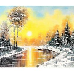 Winter Painting Snow Scene Original Art Landscape Wall Art 18x22 inch by Oksana Stepanova
