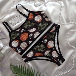 Woman's lingerie set "Coconuts" with print | bra, bralette and panties with print | buy handmade lingerie
