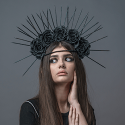 Black flower woman adult headdress Gothic halo crown  Dark goddess headpiece Black wedding bridal tiara Halloween tiara