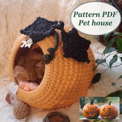 Crochet cat house Pumpkin Digital Instruction Manual in PDF Format with video Cat furniture Crochet halloween gift