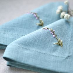 Hand embroidered linen napkins, floral cloth napkins, blue cloth napkins, small napkins embroidered 10"