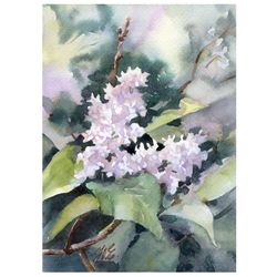 White flowering branch of Lilac Painting Original watercolor art by Yulia Evsyukova