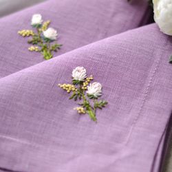 Hand embroidered linen napkins, floral cloth napkins, purple cloth napkins, dinner napkins embroidered 18"