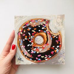 donut painting food oil original art mini texture artwork home decor kitchen art dessert artwork