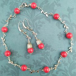 bohemian jewelry set Red berries withe red coral beads Necklace Two pairs of earrings set. Women coral  botanical earrin