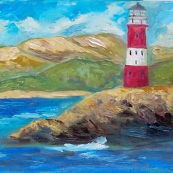 seascape painting lighthouse artwork landscape wall art original oil painting impasto seascape size 12 by 16 inches