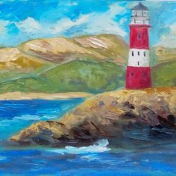 Seascape Painting Lighthouse Artwork Landscape Wall Art Original Oil Painting Impasto Seascape Size 12 by 16 inches