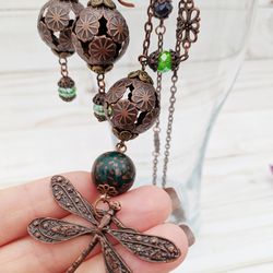 set DRAGONFLY, earrings and chain with bead of Polymer clay, glass and copper fittings. Boho style, vintage business eve