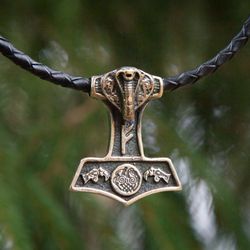 Thor hammer with snake and rune pendant on black leather cord. Mjolnir Rune necklace. Viking handcrafted Man jewelry.