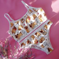 Funny underwear set "Pugs" for women for daily weariring | handmade lingerie set
