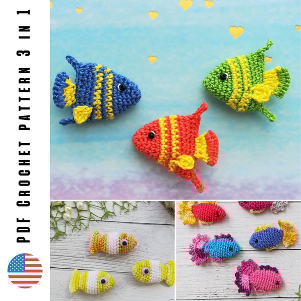 Crochet tiny fish pattern, 3 in 1 amigurumi PDF patterns - Inspire Uplift