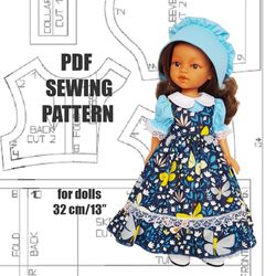 sewing pattern and instruction for paola reina doll, dress, pinafore and bonnet for doll, doll clothes for paola reina