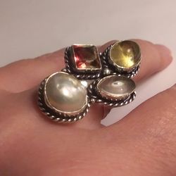 Stunning 925 Sterling Silver Garnet Citrine Pearl Moonstone Ring