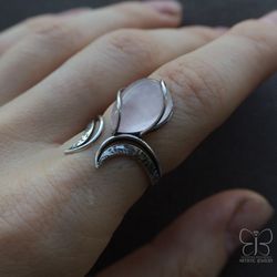 rose quartz ring elven ring wire wrap ring adjustable silver ring