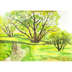 Summer landscape trees in park original watercolor painting on paper