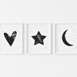 set of 3 monochrome nursery prints, simple baby posters, moon, star, heart, nursery wall art, so cute baby gift