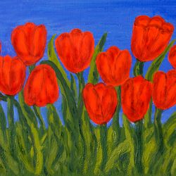 Red tulips on blue sky original oil painting