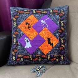 Halloween embroidered throw pillow cover 16 inches, Quilted cushion pillow case, Halloween home textile decor