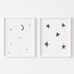 moon and stars, set of 2 nursery prints, cute black and white prints for nursery decor, digital prints, nursery wall art